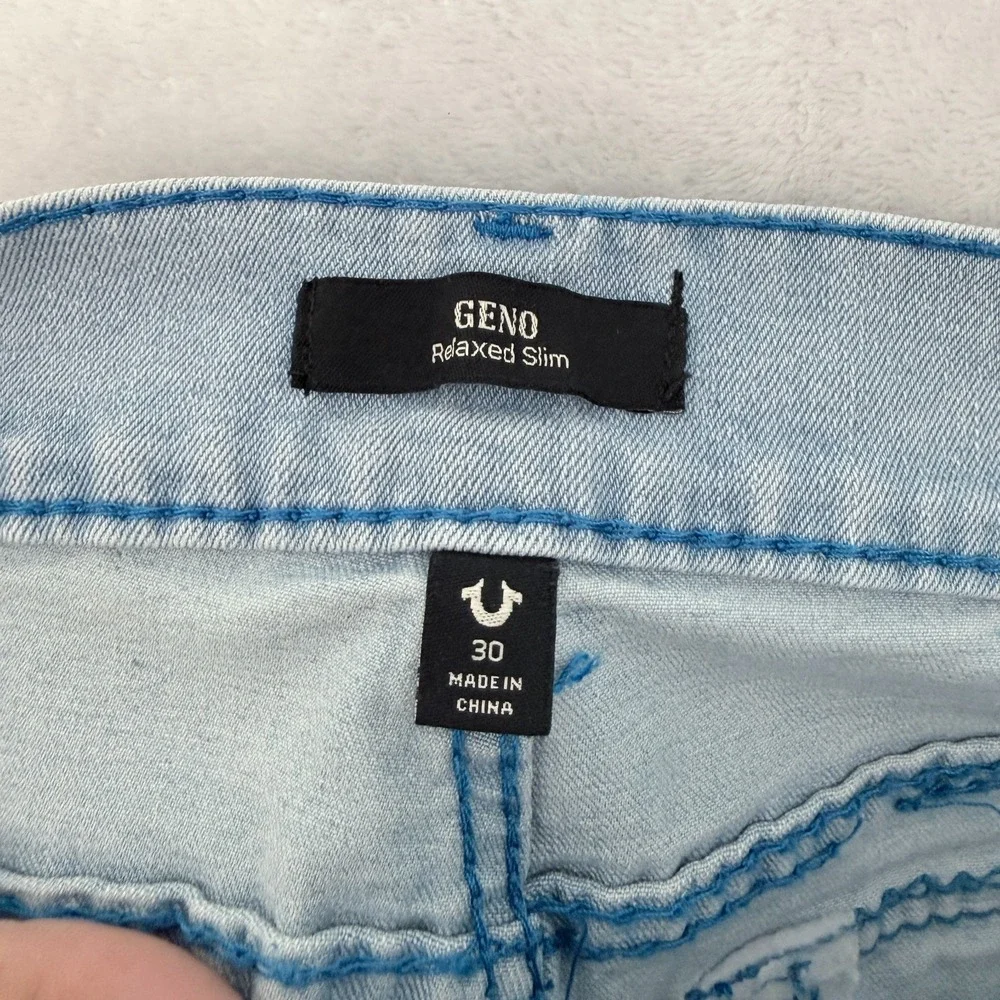 True Religion Geno Jeans Mens 30x31 Blue Big T Flap Relaxed Slim Stretch
